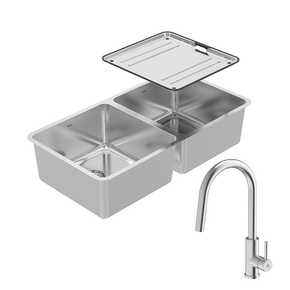 Abey abey-packages Lago Double Bowl Sink Package with 304 Gooseneck Pull Out Kitchen Mixer Kitchen Sinks