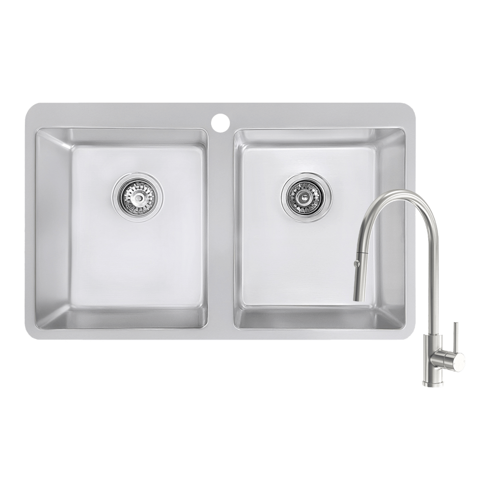 Abey abey-packages Abey Builders Double Bowl 1TH Sink & Pull Out Kitchen Mixer Kitchen Sinks